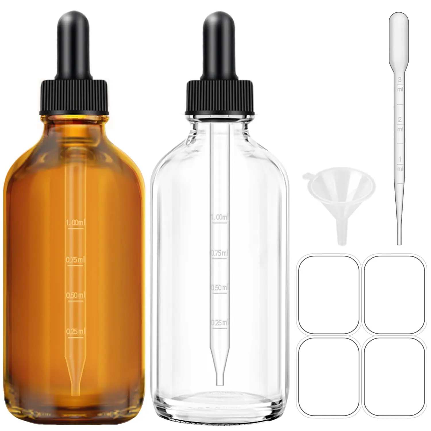 Dropper Bottles, 4oz Glass Bottle with Dropper for Essential Oils with Funnel, Labels & , 2-Pack Tincture Bottles with Dropper(Unbreakable Plastic Eye Dropper)