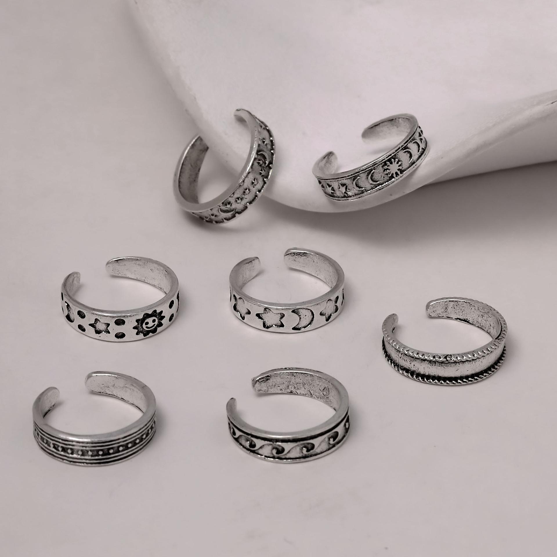 7 Pcs Vintage Sun Moon Star Open Ring Set, Silver Boho Stackable Rings, Hypoallergenic Celestial Jewelry for Women