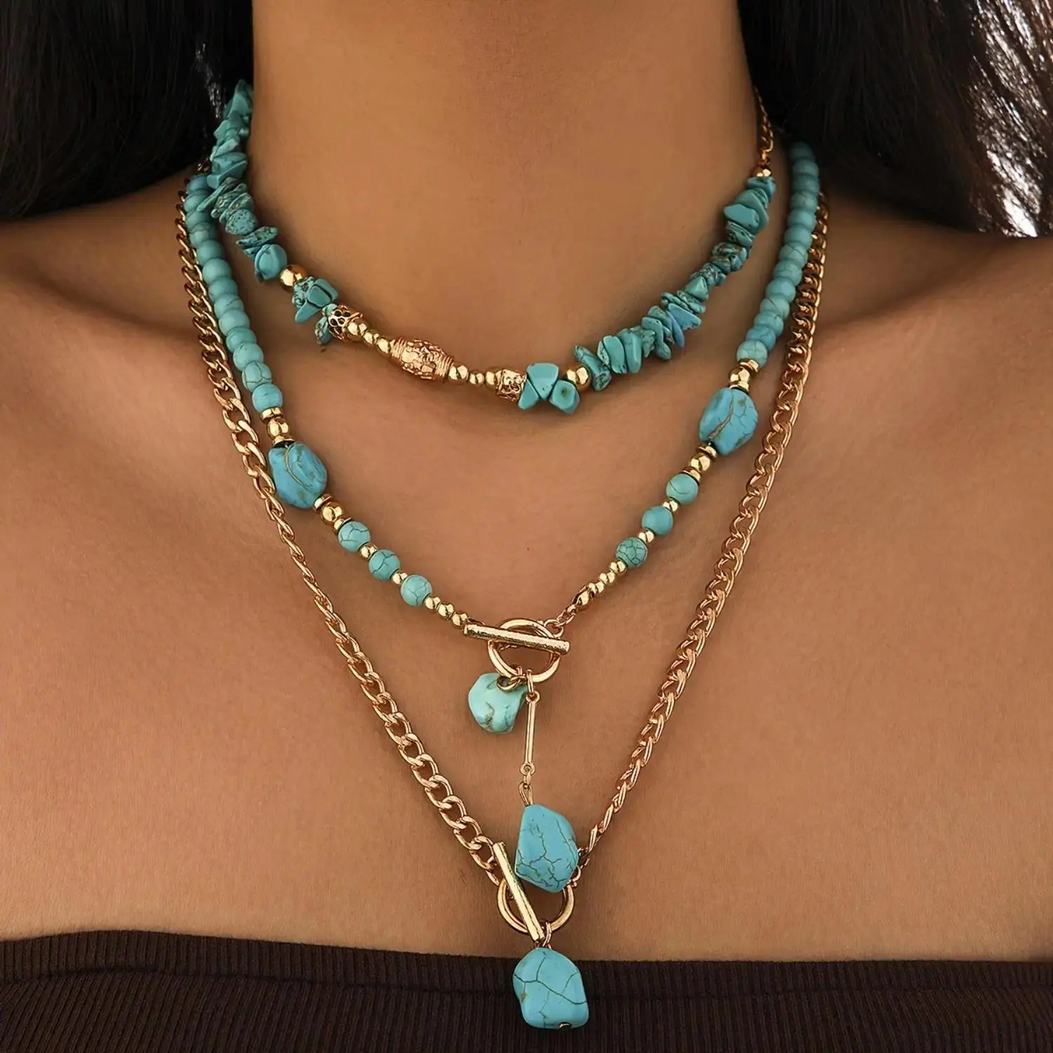 3 Pack Boho Faux Turquoise Beaded Stackable Layered Necklace, Trendy Jewelry Gift for Women Party Birthday Shopping, Layered Set, Beads & Pendants, Casual Chain, Synthetic Gem, Unisex Wear, Boho Style Necklace, Daily Versatile Chain, Fashion Chain Decorat