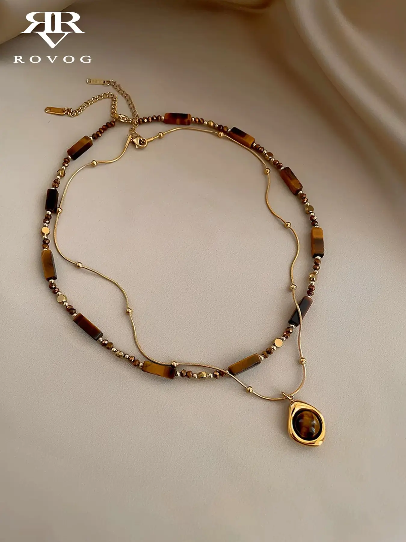 2 Pcs Vintage Tiger Eye Beaded Layered Necklaces Set for Women, Elegant Plain Style, Perfect for Fall Winter Daily Events
