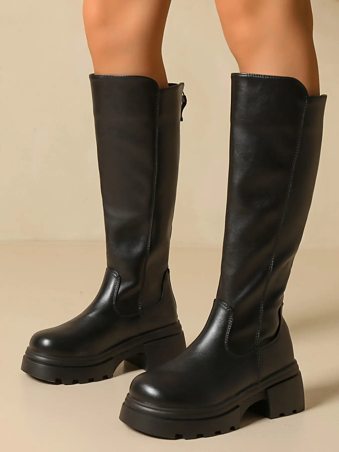 Autumn Winter Wide Leg Knight Boots, Retro Matte PU Material, Anti-Slip Thick Sole, Zipper Closure, Casual Style, Women's Shoes
