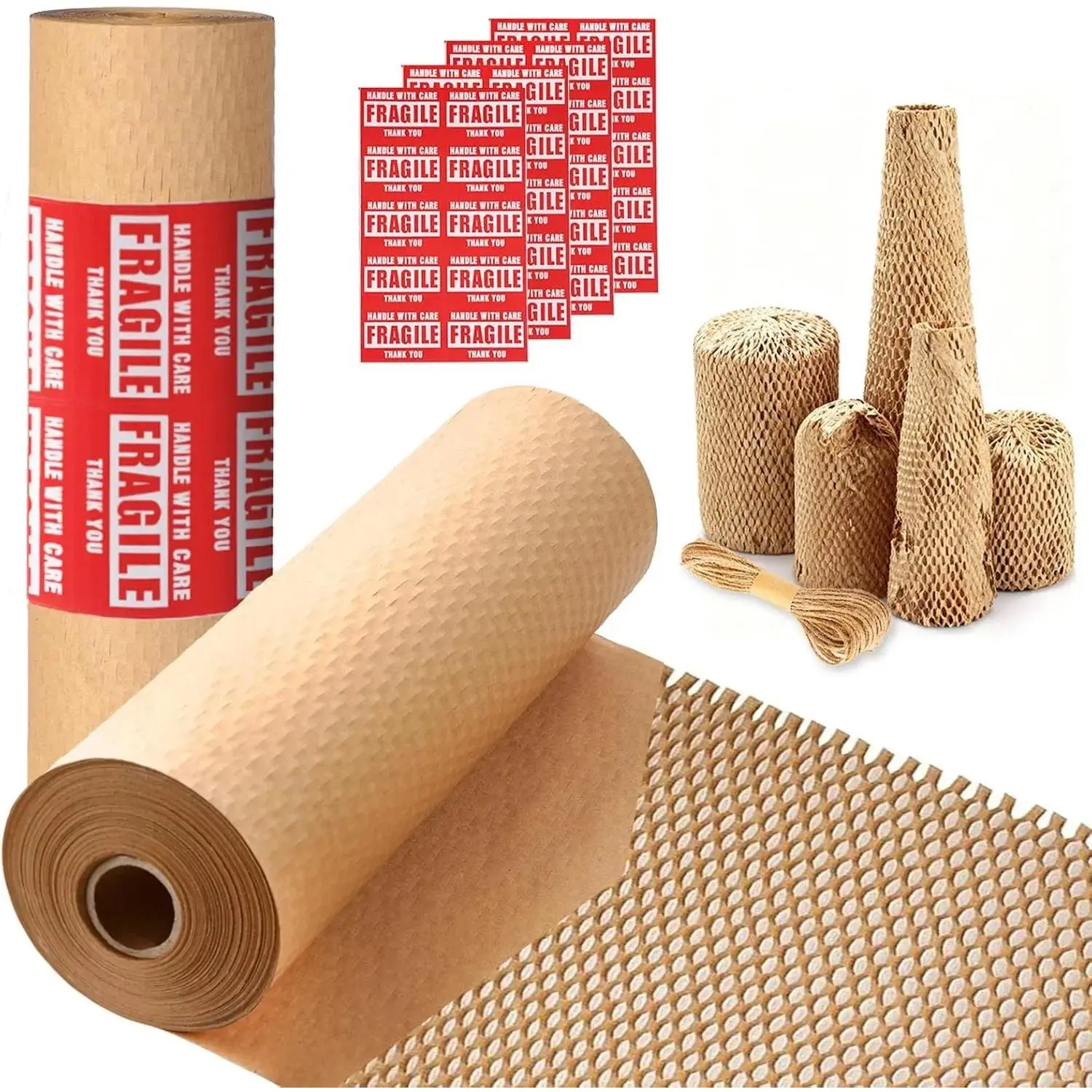 Honeycomb Packing Paper 15"x230' Recyclable Bubble Cushioning Wrap Roll | Eco-Friendly Bubble Wrap for Packing & Moving Supplies, Protective Shipping Material with 60 Fragile Stickers & 3 Hemp Ropes