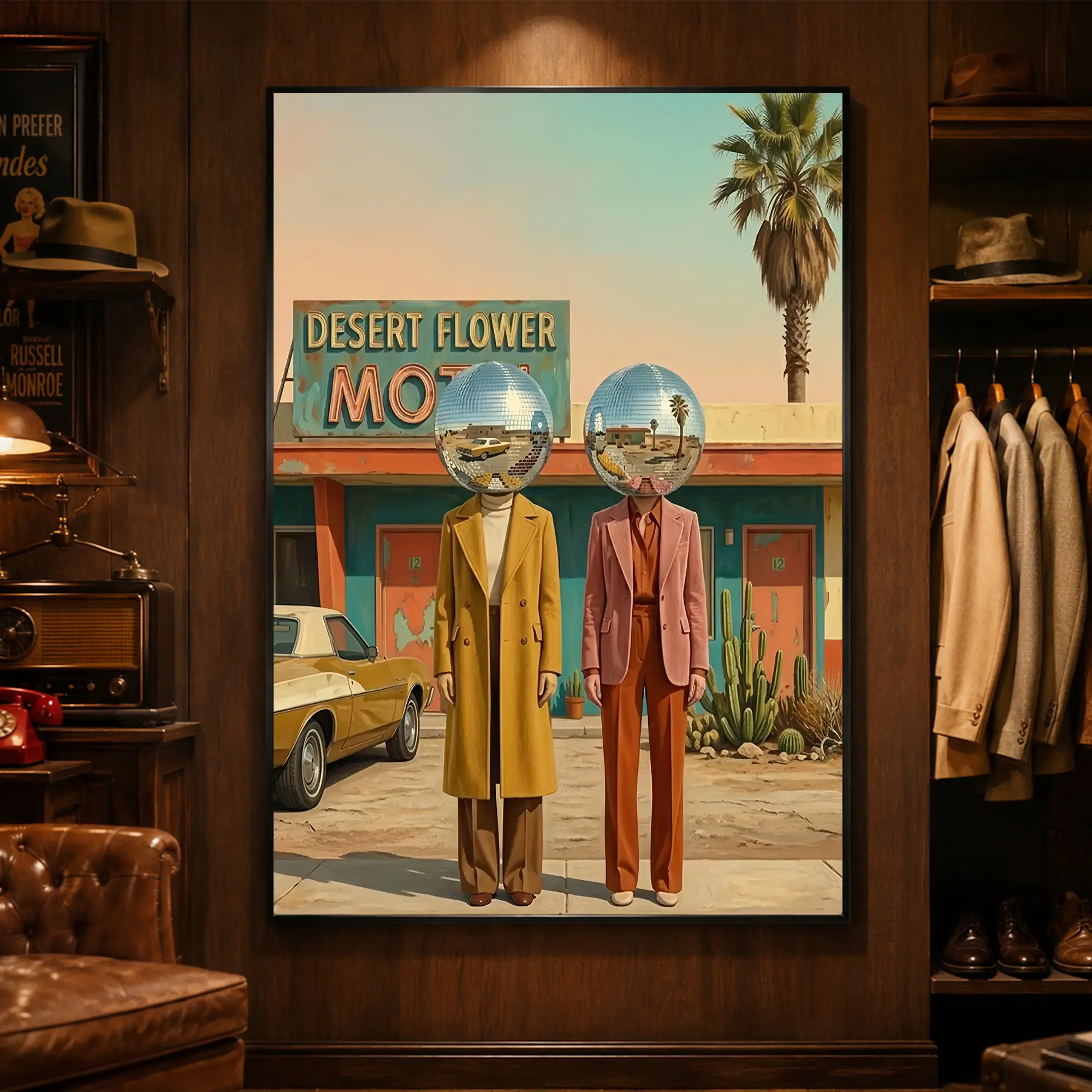 Disco Ball Head Western Poster, Surreal Desert Motel Wall Art, Retro 80s Pop Art Decor, Pop Art, Western Aesthetic, Maximalist Wall Art, Aesthetic Room