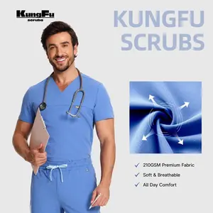 KUNGFU SCRUBS Mens Surgical Scrubs Suit Soft Breathable Medical Uniform Waterproof Antibacterial Beauty Salon Workwear 2pcs Set