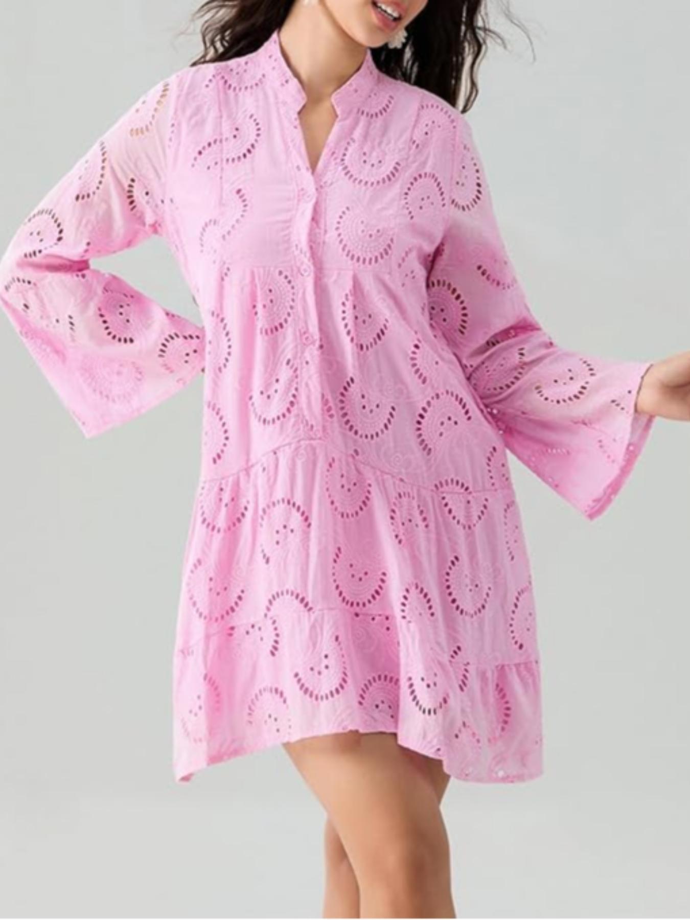 Plain Eyelet Embroidery Notched Neck Long Sleeve Smock Dress, Elegant Flounce Sleeve Button Dress for Vacation Holiday, Women's Clothes for All Seasons