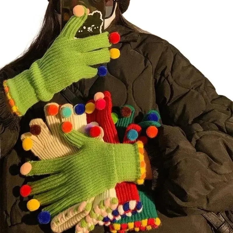 Pom Pom Accent Fingerless Knit Gloves Soft Yarn Touch Screen Friendly Warm Winter Multi Size Outdoor Riding School Accessory