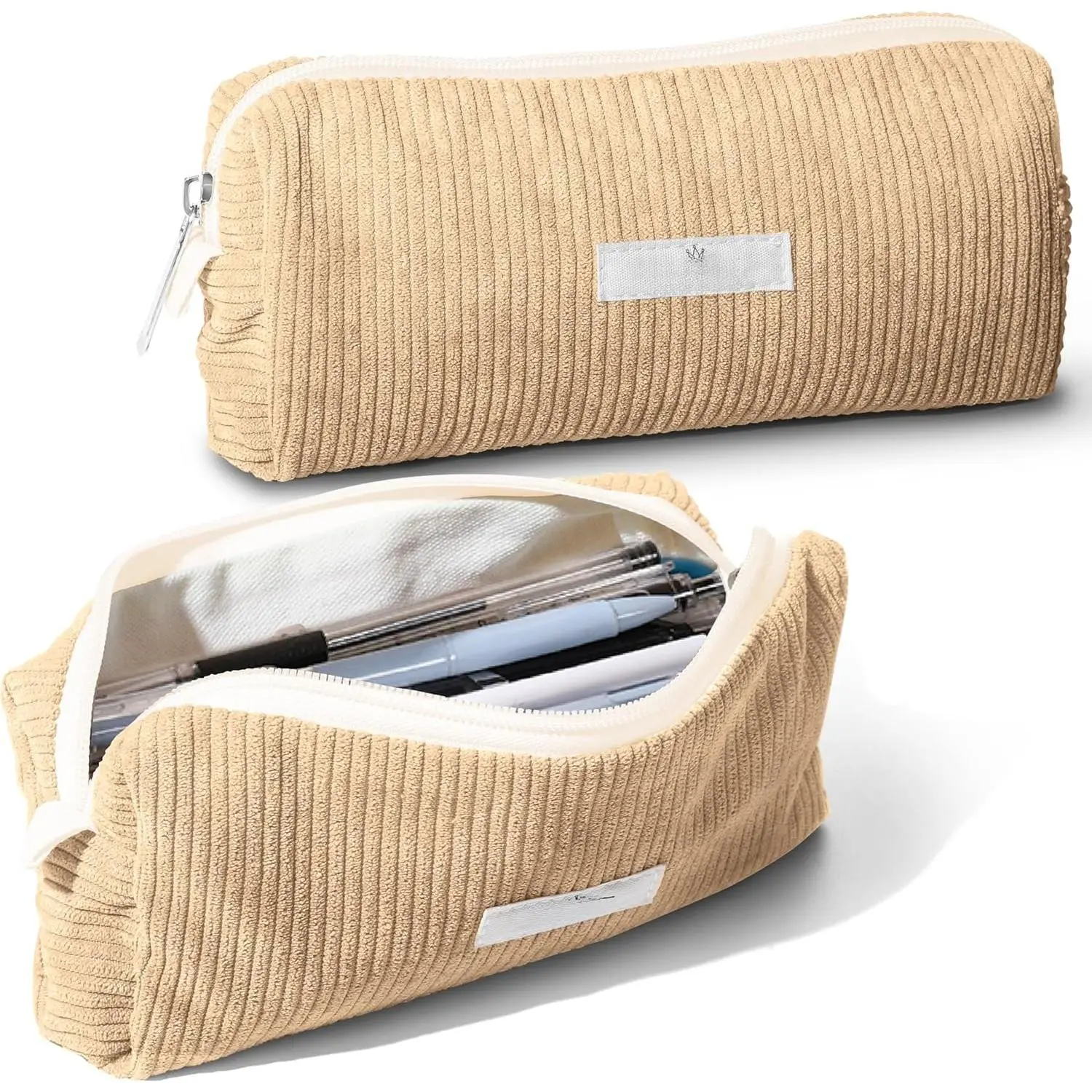Soft Corduroy Pencil Case Pouch - Small Stationery Pen Bag Apricot | Cute Aesthetic Design, Smooth Zipper, Compact Makeup Pouch, Ideal for School, Daily Use, Travel, for Girls, Boys, Students