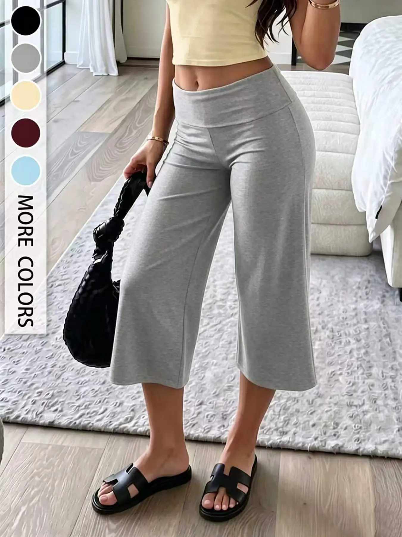 New Plain Color Flowy Loose Oversized Wide Leg Capri Pants, Low Waist Casual Seven-Eighths Pants, Comfortable Drop Waist Design for All Seasons Bottom, Casual Chic Trousers, Casual Lounge Pants