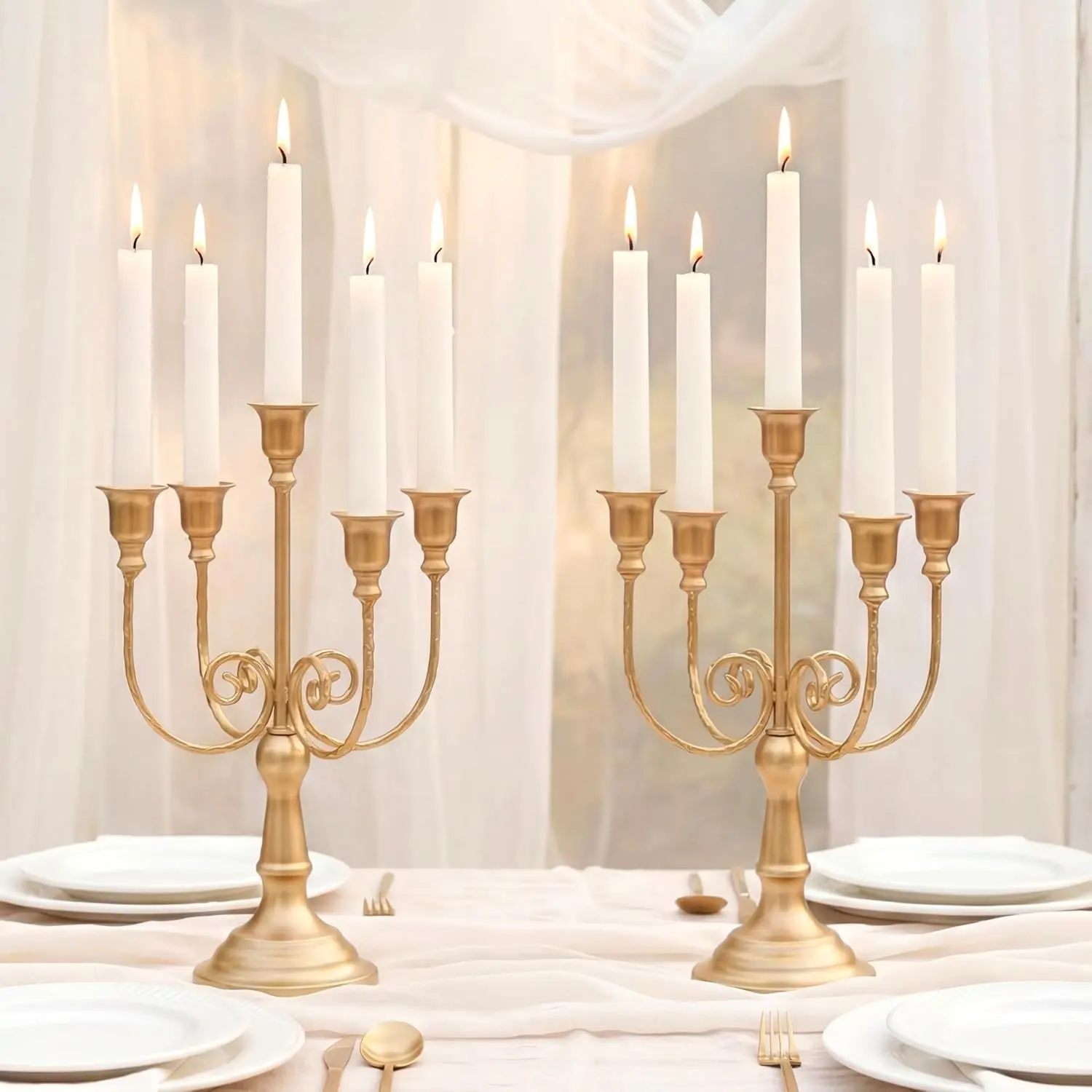 Antique 5-Arm Pedestal Candelabra Candle Holder Set of 2, Vintage Decoration Centerpiece for Wedding Reception, Dining Table, Ideal Home Supplies Gift