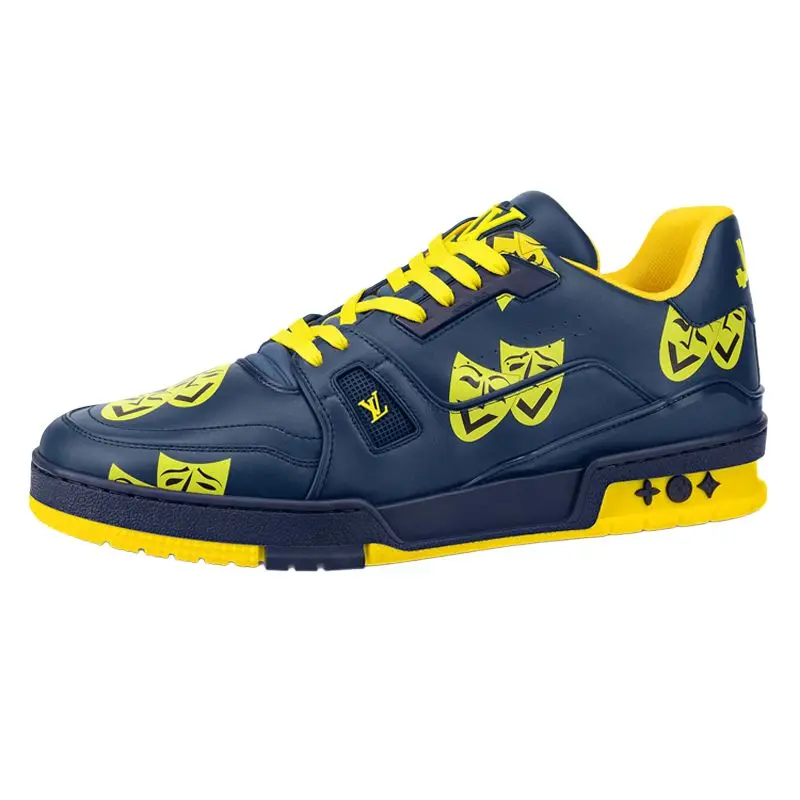 LOUIS VUITTON Men's Leather Low-Top Lace-Up Fashion Trainer Footwear - Blue & Yellow Trending Shoes, Maison Mihara Verifiable with Credentials, Supports Global Authentication
