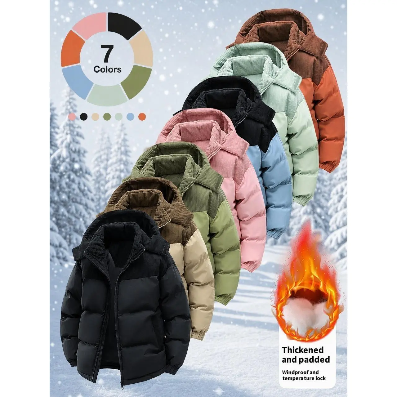 Men's Casual Solid Corduroy Patchwork Hooded Puffer Jacket - Menswear Tops, Windproof, Stylish, Thick Padded, Temperature-Locking, Loose-Fit Polyester Pull-On Winter Snow, Daily Outdoor Coat (7-Color)