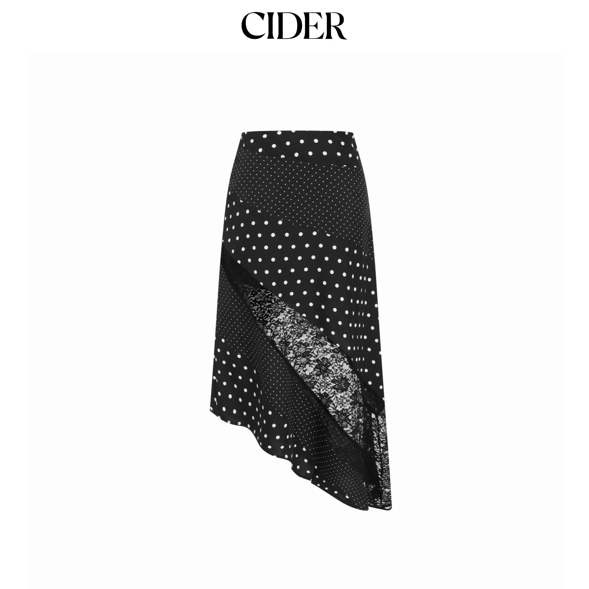 Cider Satin Low Rise Polka Dot Lace Panel Asymmetrical Flared Midi Skirt Black Womenswear