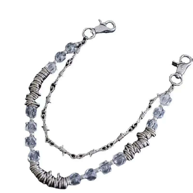 1 Pcs Metal Shoe Charms & Y2K Punk Double Layer Pant Chain, Clear Cube Crystal Bead & Barbed Wire Metal Chain, Detachable Clip On Waist Chain, Alt Aesthetic Accessory For Jeans, Can Be Used As Boot Chain & Bag Charm, Grunge Streetwear Decor