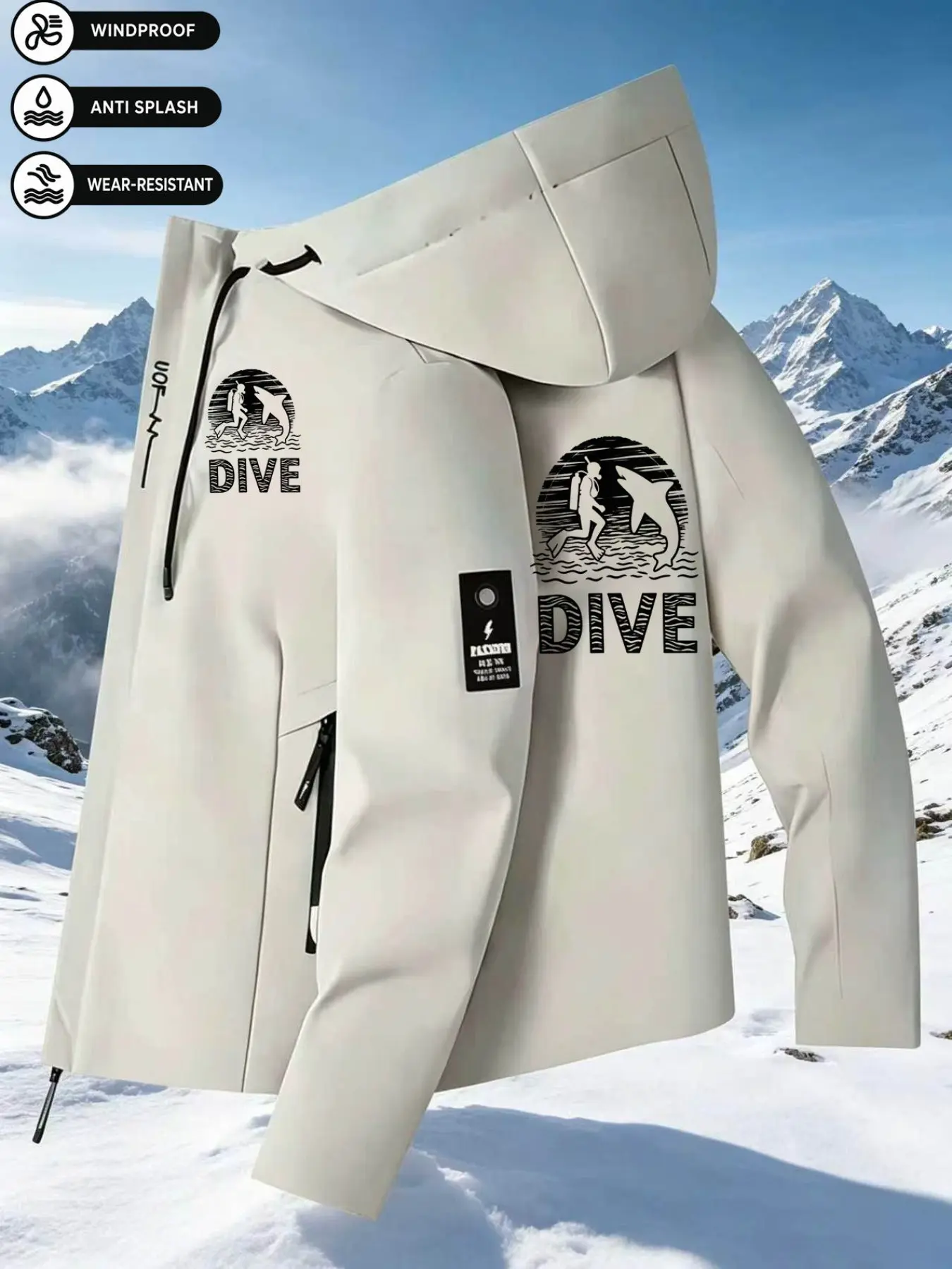 Men's Shark Print Hooded Jacket, Windproof Waterproof Durable Outdoor Climbing Jacket, Outdoor Sports Outerwear, Long Sleeve Slim-Fit Casual All-Season Coat