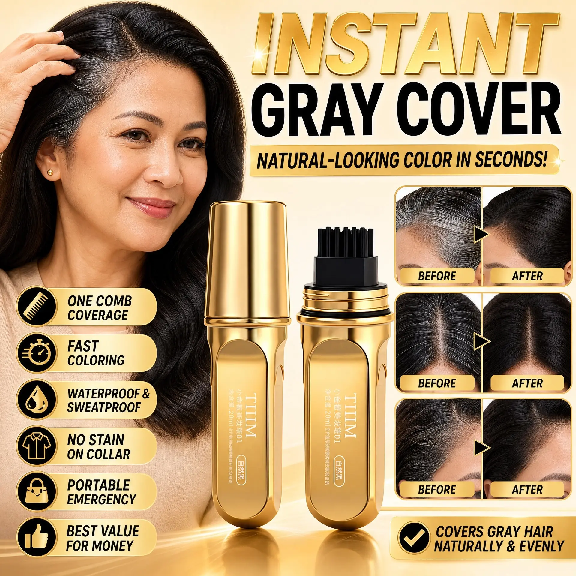 Temporary Root Touch‑Up Stick, gray hair retouch and root recolor, precision pointed comb‑tip, pocket‑friendly compact size, fast‑dry for quick gray root coverage, low smudge risk, soft natural hair tone, natural finish, great for casual styling scenarios