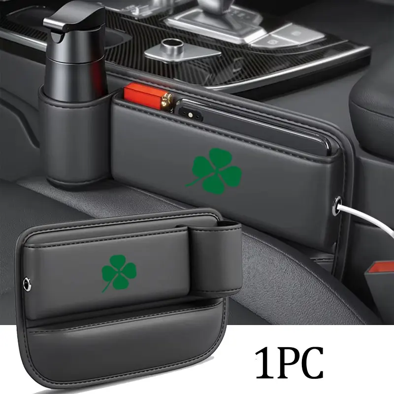 Car Seat Gap Storage Box with Cup Holder, Side Storage Pocket, Easy to Install, Four Leaf Design, 1pc, Organize Your Car Space Efficiently