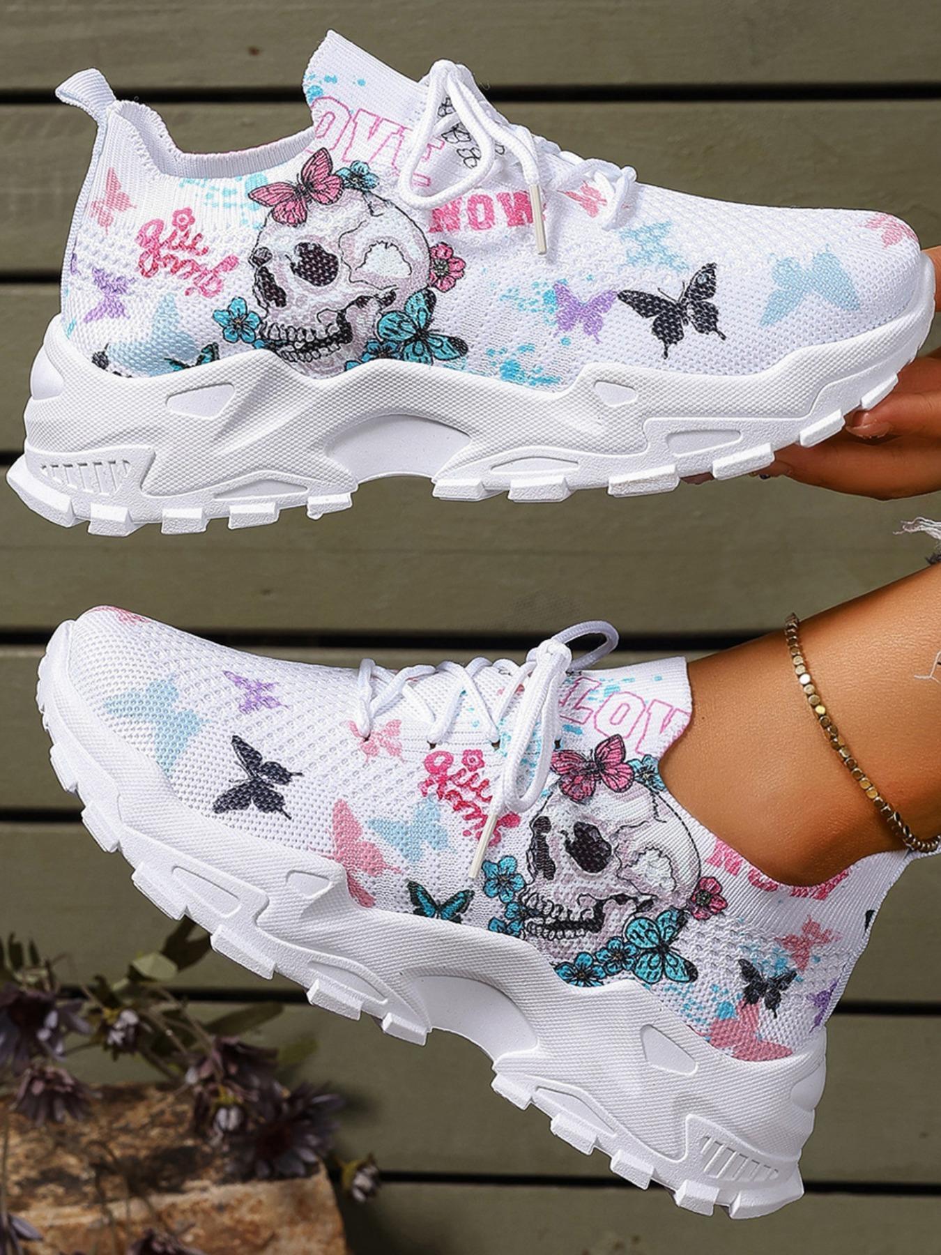 Women's Fashionable Butterfly & Skull Print Lace Up Low Top Sneakers, Casual Comfortable Breathable Sports Running Shoes, All-match Basic Shoes for Daily Wear, Sporty Running Fashion