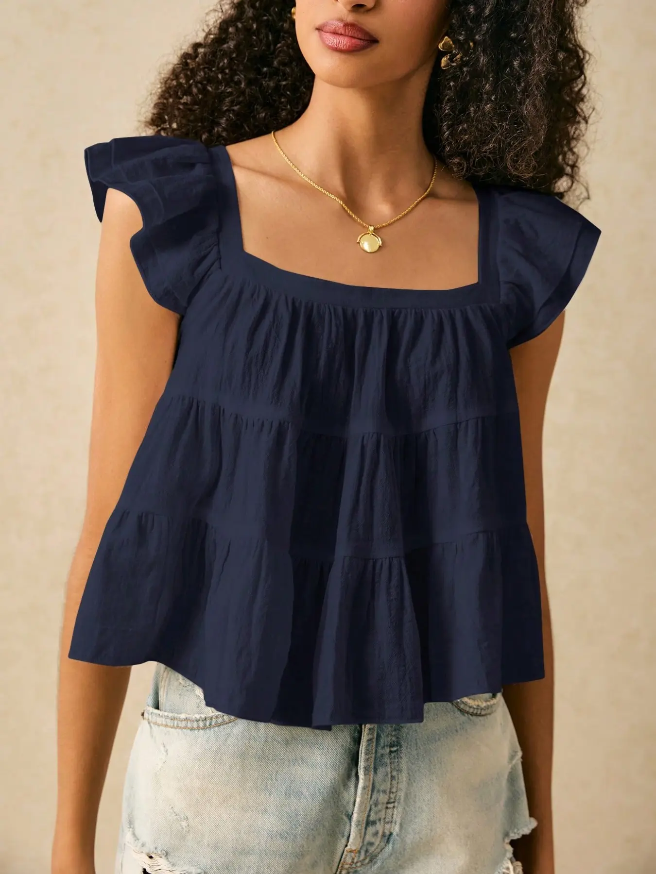 Women's Square Neck Ruffle Short Sleeve Layered Babydoll Top, Loose Wrinkle Flowy Short Sleeve Summer Casual Shirt, Babydoll Blouse