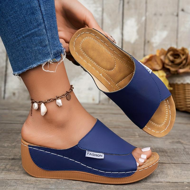 Women's Comfortable Arch Support Slide Sandals - Breathable, Stylish, Soft Sole, Mid-Heel, Open Toe With Faux Cover Straps - For Casual Attire In Maroon, Black, White, Blue, And Brown, Ladies Sandals