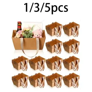 Kraft Paper Gift Basket with Handle, 1/3/5 Pack, 9.8x6.5x4.3 Inches, Ideal for Gifts, Weddings, Parties, Valentine's Day