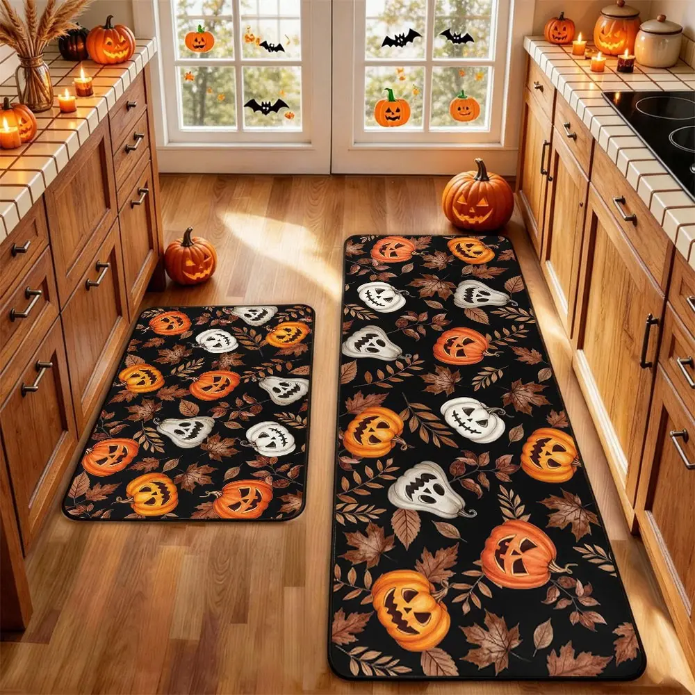 2Pcs Holloween Kitchen Floor Rugs, Kitchen Bathroom Rug Mat BOO Skeleton Horror Pumpkin Bat Spider Web Wizard Floor Mat Set Farmhouse Non Slip Fall Decor Home Decor Rug