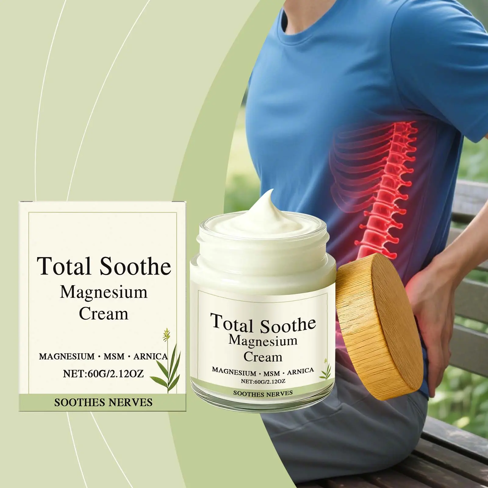 Total Soothe Antibacterial Magnesium Massage Cream with MSM & Arnica - Plant-Based Topical Skin Care Lotion for Wrists, Knees & Ft - Leaf & Bee Body Care Moisturizing Nurturing Cream herbal natural relieve