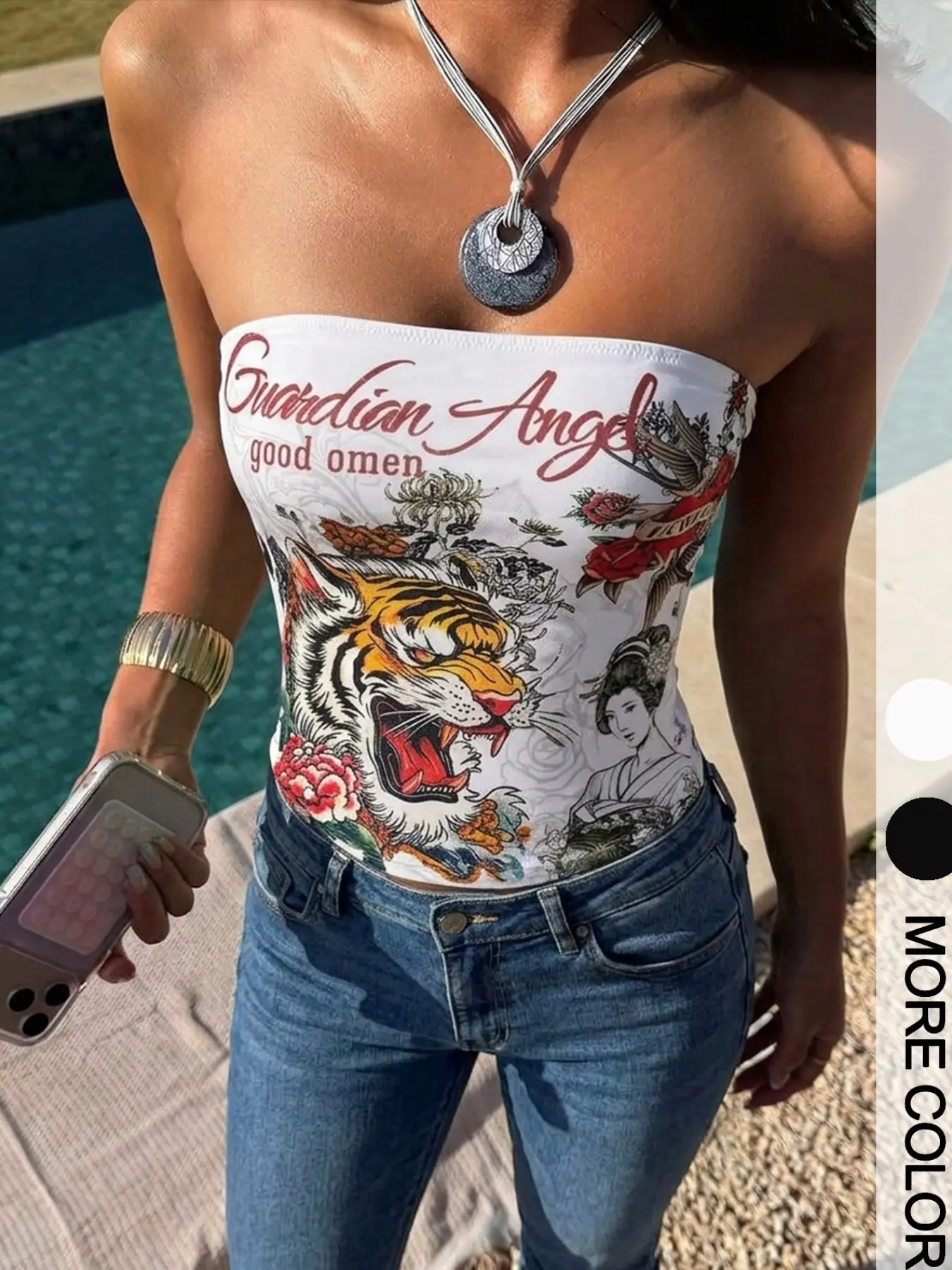 Vintage Tiger Tattoo Crop Top, Floral Letter Print, Slim Fit, Strapless, Street Style, Women's Fashion, Cross-Border Clothing