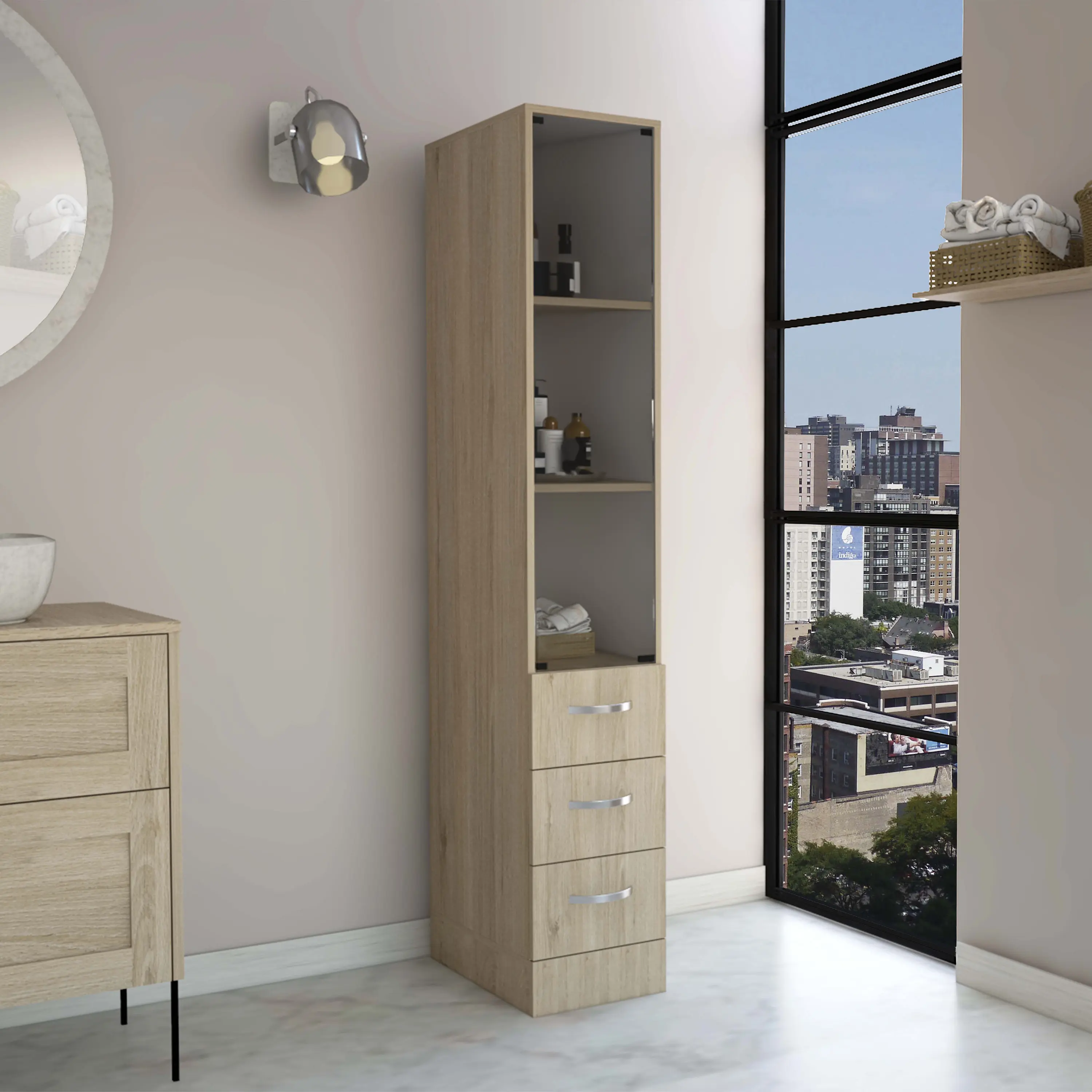 Nokaa Tall Bathroom Linen Cabinet Freestanding Storage with 3 Shelves and 3 Drawers, Engineered Wood, Multicolor, Modern Narrow Design for Small Spaces, 12W x 17.6D x 68.3H Inches, Easy Assembly, FSC Certified