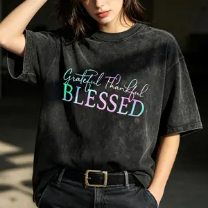 Grateful Thankful Blessed Summer Short Sleeve T Shirt Women's washed short sleeved T-shirt, summer short sleeved heavyweight high-quality