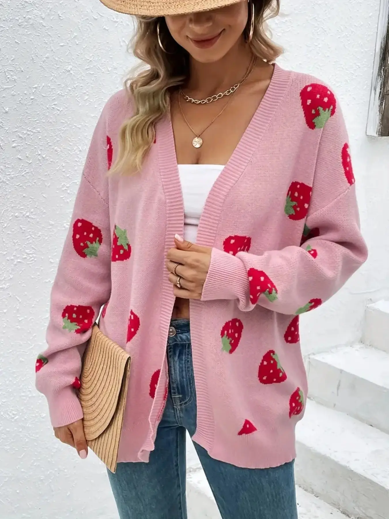 Strawberry Knit Cardigan for Women, Spring Summer Loose Fit Casual Sweater Jacket, Sweet Youthful Style Outerwear