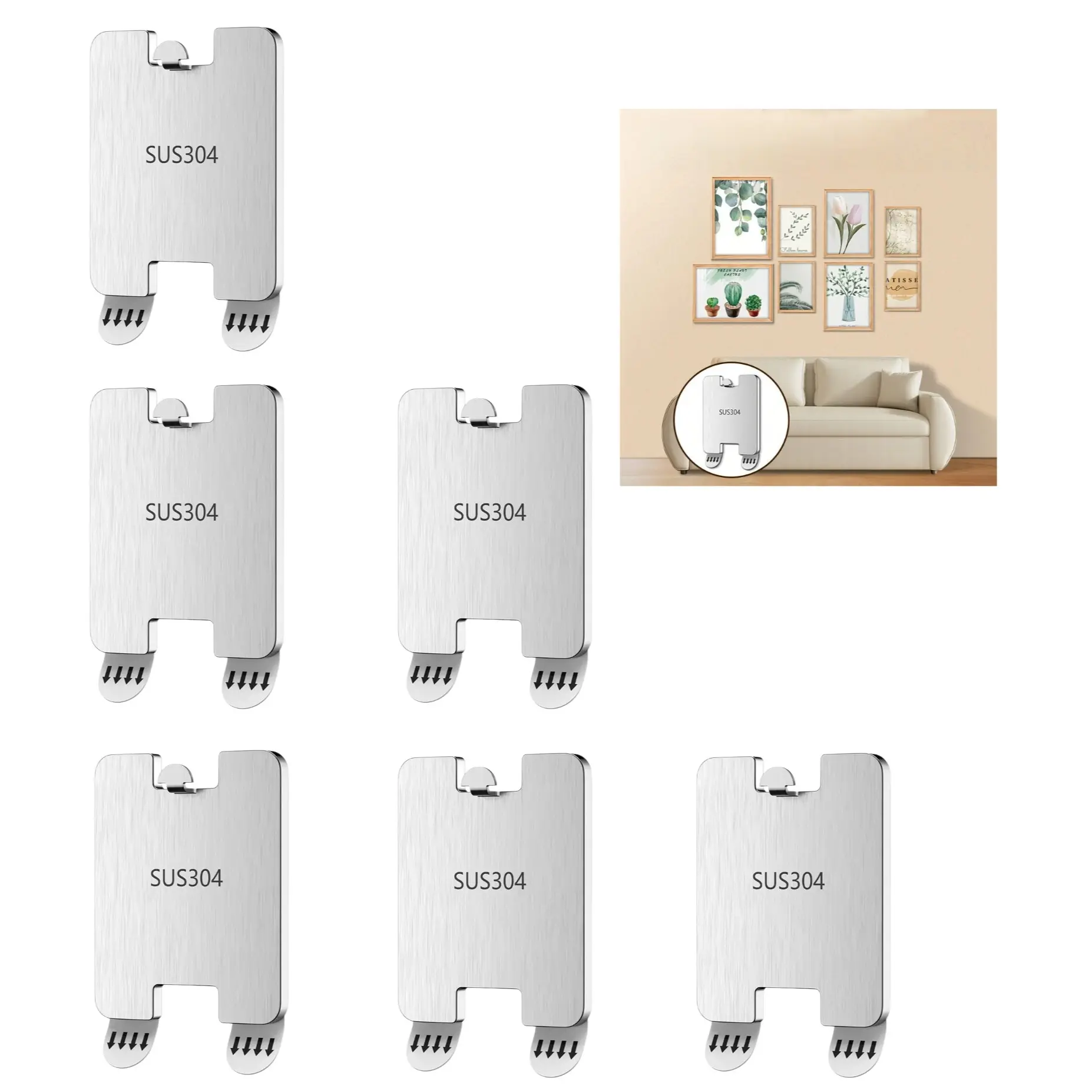 6-Pack Heavy Duty Picture Hooks, No Drill Adhesive Hangers, Self Adhesive Hooks, Stainless Steel, Damage Free for Walls, Wood & Tile, Photo Frames, Wall Art & Home Decor