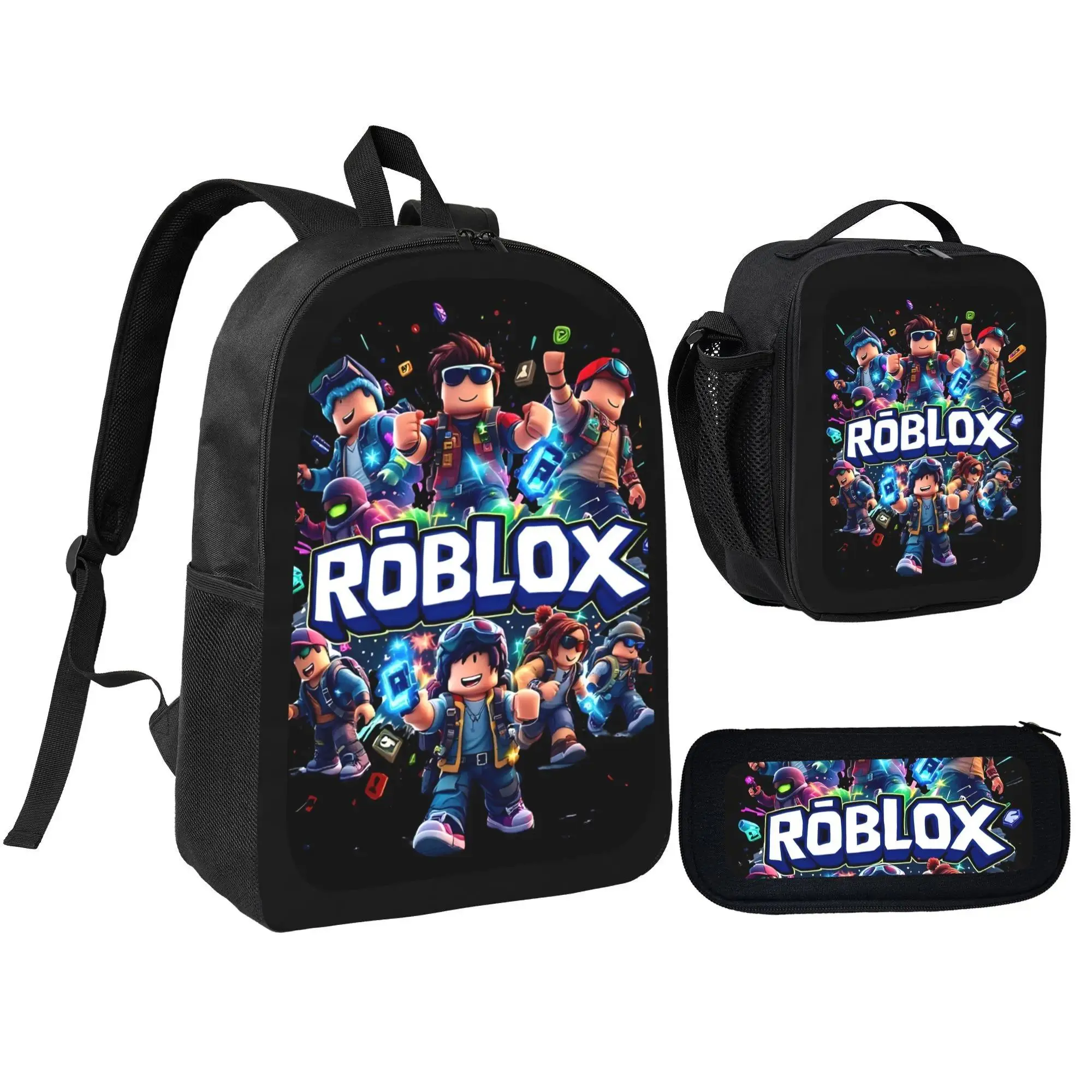 Roblox Print Backpack Set 3 Pieces with Backpack Lunch Box and Pencil Case for Kids School Boys and Girls Lightweight TK Backpack for Teenagers Trendy Tiktok School Bag Stylish Backpack for Teenagers Durable Bookbag for Students
