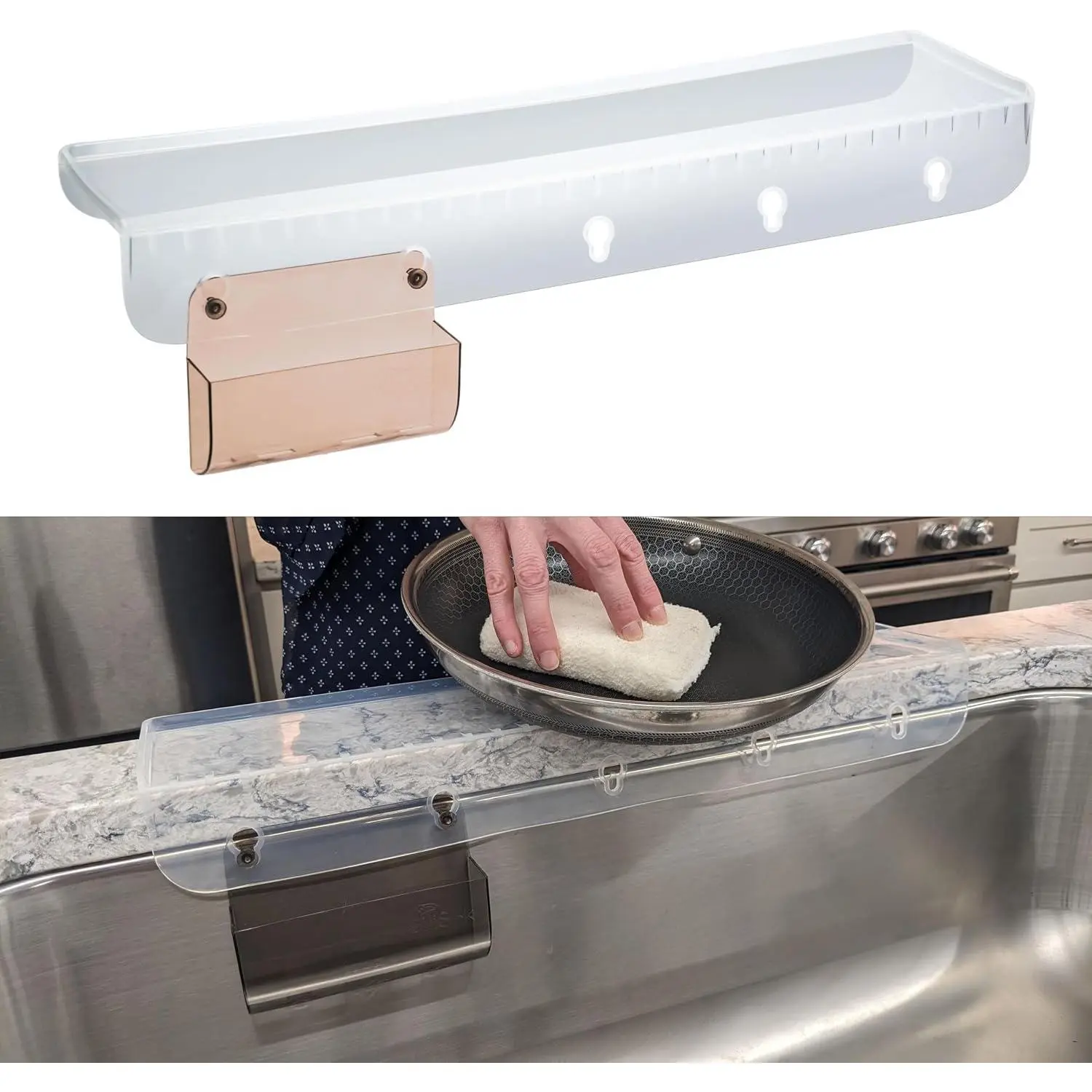 SiliSink XL Silicone Edge Guard for Kitchen Sink - Fits 3.75” - 4” Wide - The Original Silicone Sink Edge Protector with Sponge Caddy - Splash Guard, 20” Clear Diamond