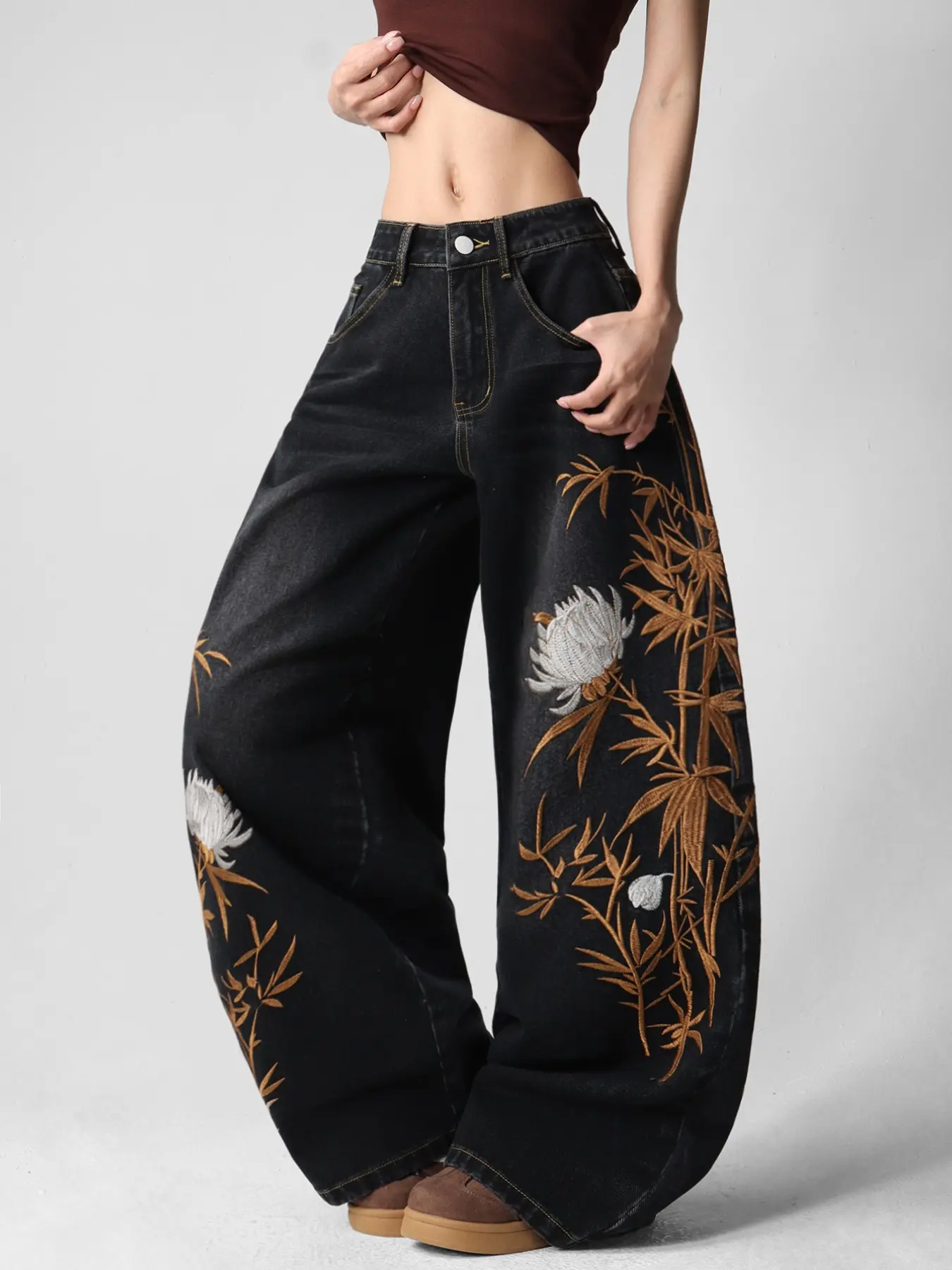 Women's High-Waisted Wide-Leg Baggy Jeans, Denim Jean Pants, Y2K Streetwear Style, Embroidered Bamboo Chrysanthemum Design, Loose-Fit Long Pants, Trendy Fashion