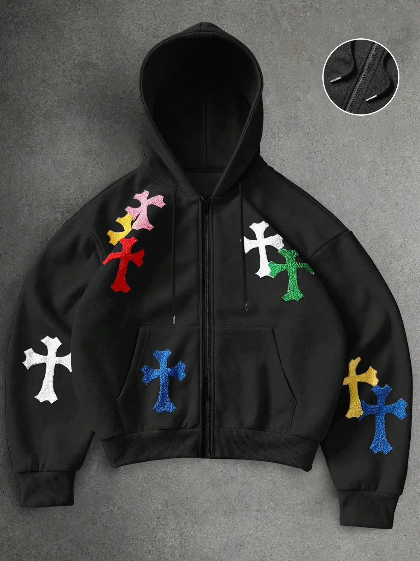 Men's Black Full Zip Hoodie Jacket, Multi-Color Chenille Cross Patches Oversized Loose Gothic Y2K Streetwear Zip Up Hooded Sweatshirt with Kangaroo Pocket for Men