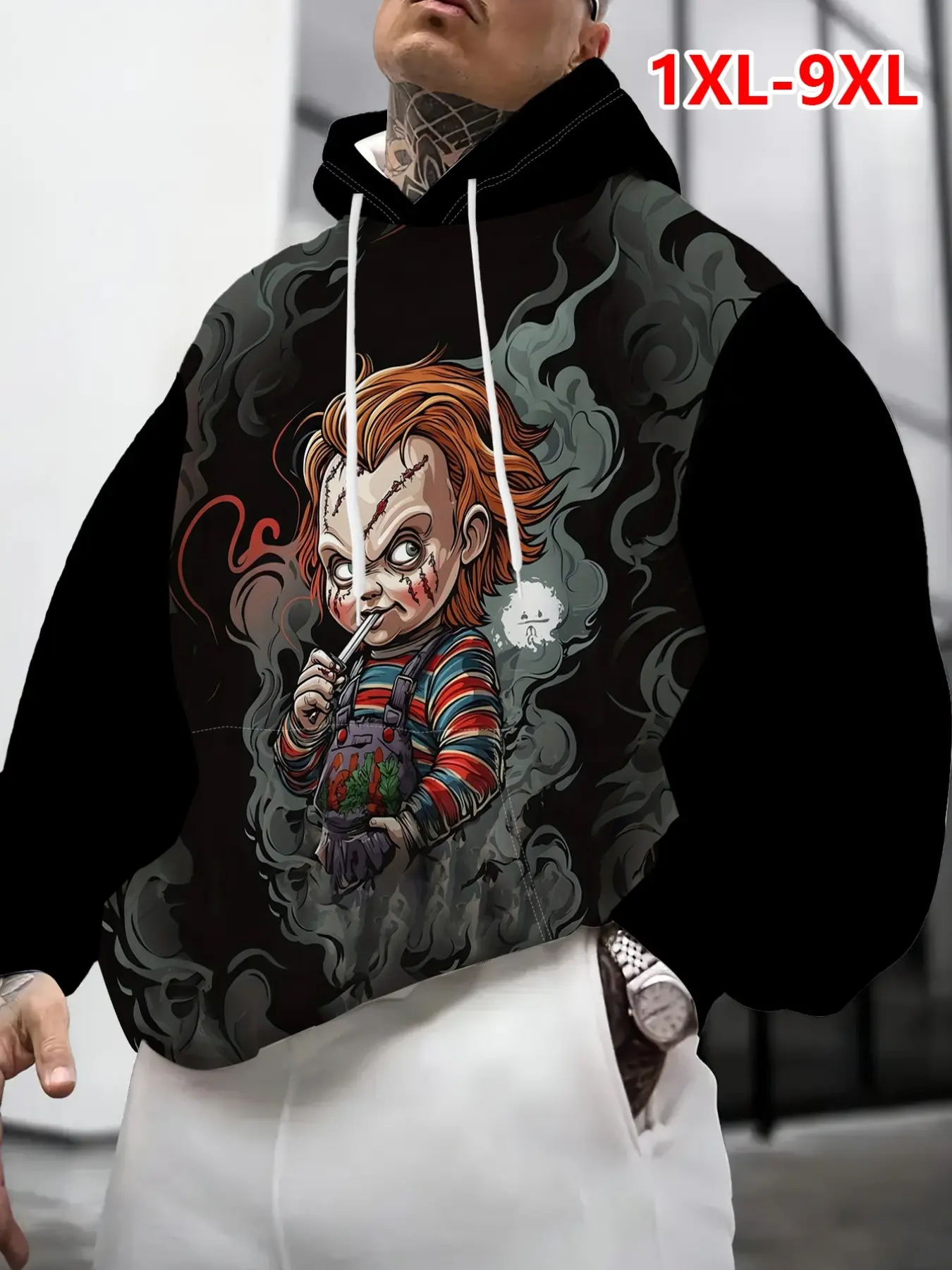 Horror Movie Chucky Smoking Graffiti Digital Print Hoodie, Dark Smoke Men's Plus Size Loose Casual Top, Asymmetrical Long Sleeve Sweatshirt