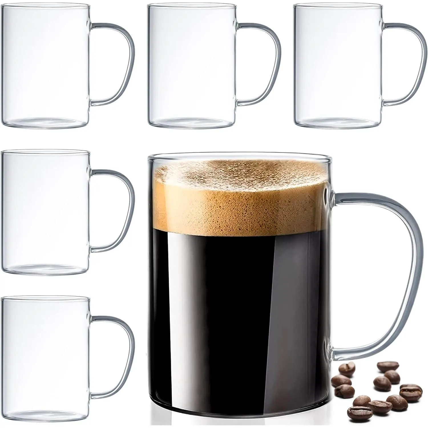 Set of 6 Ultra Durable Sleek Glass Irish Coffee Mugs with Handle, Clear Borosilicate Glass Teacups, Mugs for Cappuccino, Latte,  Cups, Espresso, Hot Beverage, Dishwasher & Microwave Safe
