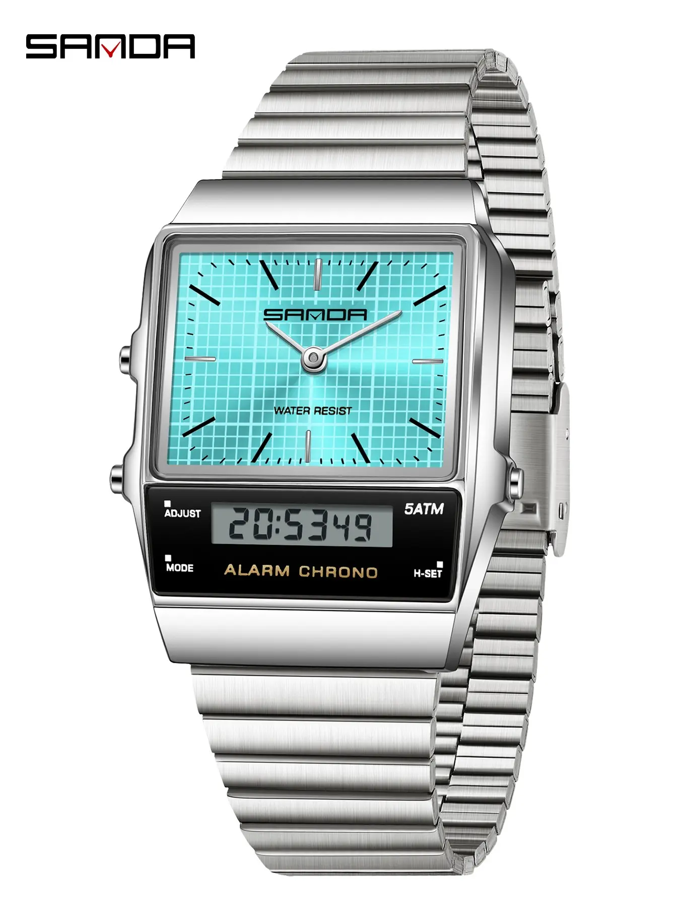 Vintage Square Electronic Watch, Stainless Steel Band, Waterproof Digital Watch, Multi-Function, Unisex, Cross-Border Wristwatch