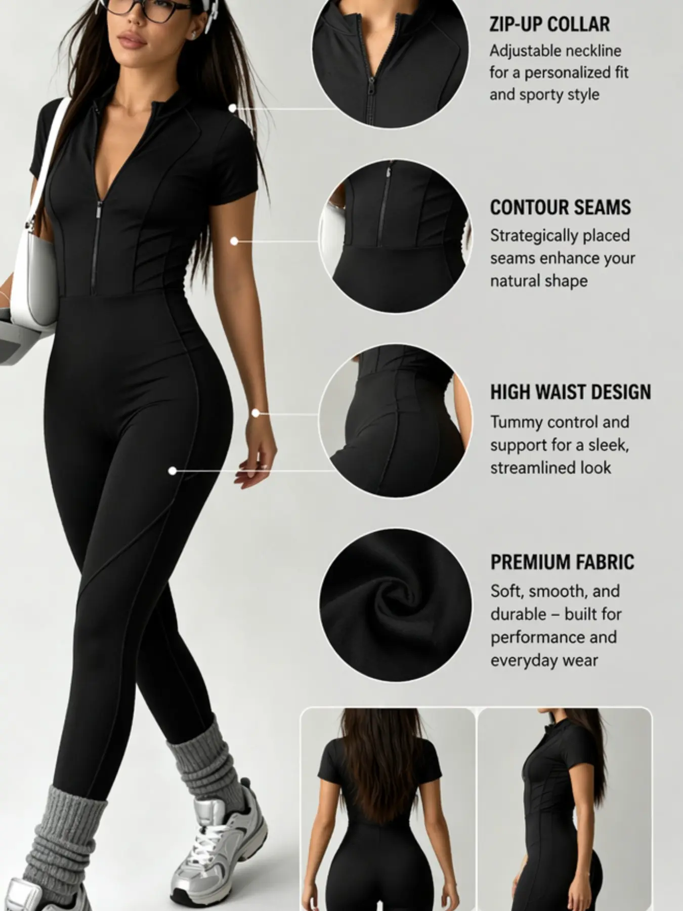 Zipper Short Sleeve Romper, Women's High Waist Stretch Slim Fit Sport Yoga Fitness Dress, Comfortable and Stylish Activewear