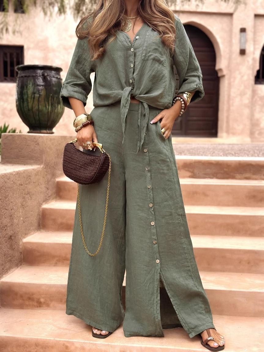 matching sets women Loose Fit Long Sleeve Shirt Set Tie Hem Wide Leg Pants Casual All Season Outfit Mother's Day Gift