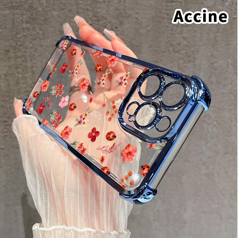 Floral Ladybug Symphony Pattern Four Corner Anti-Fall Phone Case Transparent Electroplated Protective Cover for iPhone 16 Pro Max 15 Plus 14 13 12 11 E