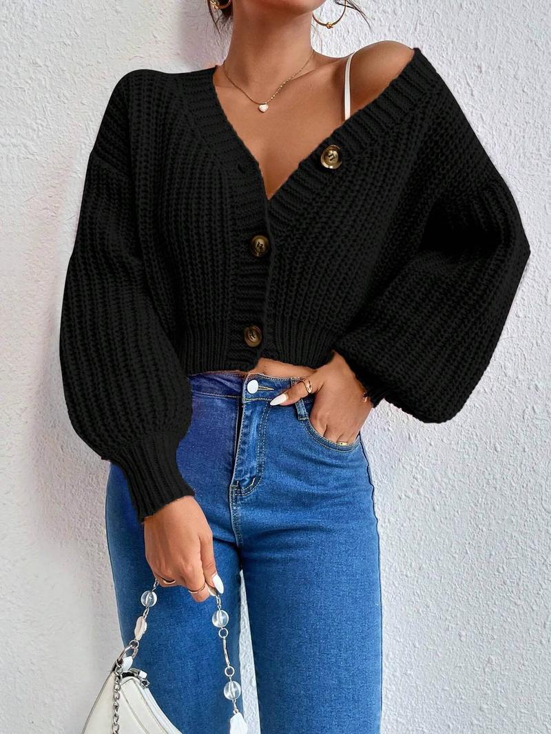 Women's Plain Bishop Sleeve Button Front Cardigan, Lady Casual Long Sleeve V Neck Knitwear for Fall & Winter, Fashion Women's Knit Clothes for Daily Wear, Women's Sweaters, Womenswear, Knitting Tops for Women