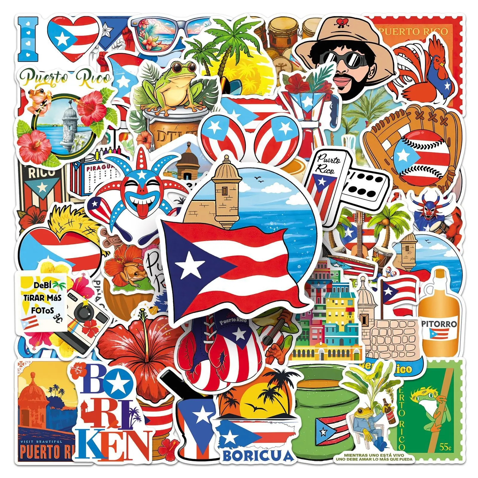 50Pcs Puerto Rico Stickers, Outdoor Landscape Travel USA PR Country Waterproof Decorative Luggage Stickers, Cartoon Design, Sticker Collage Pack