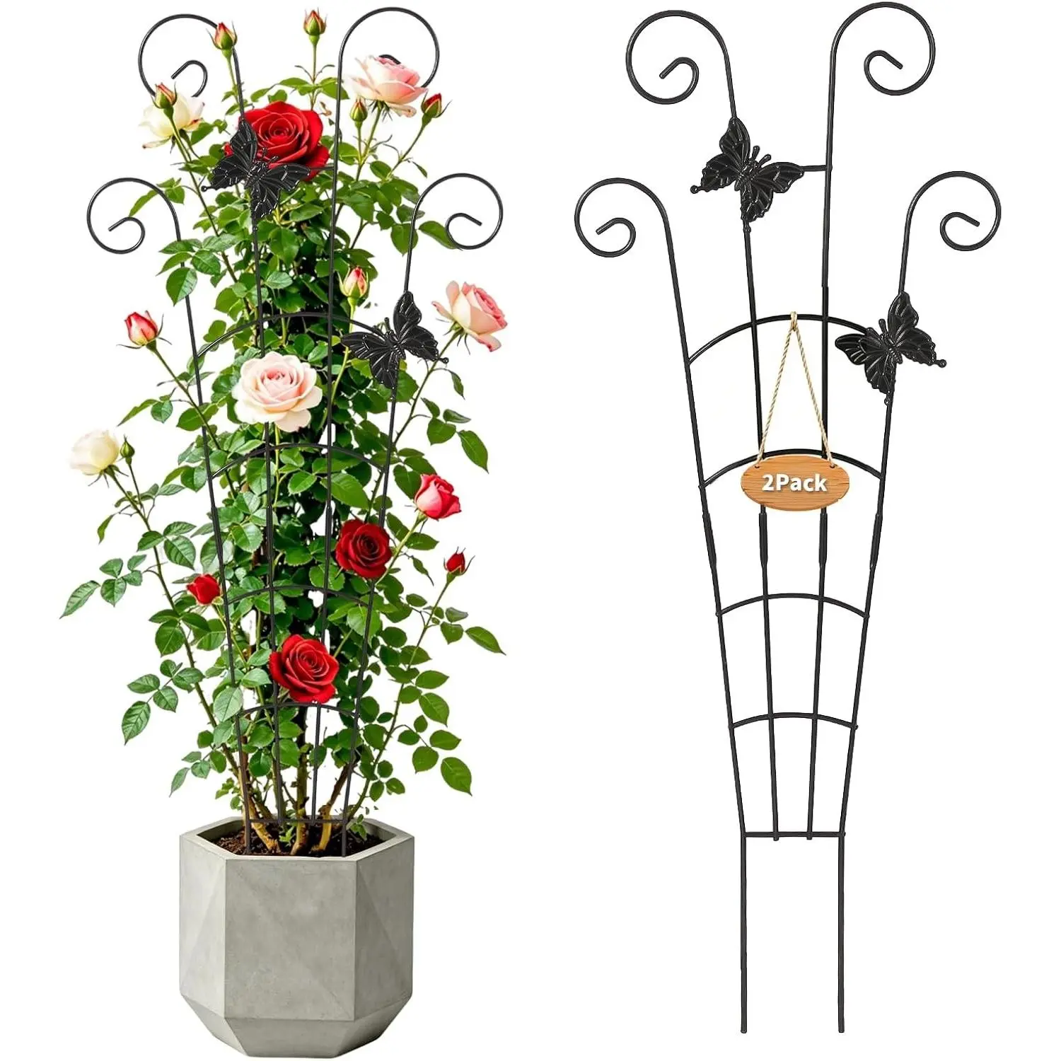 2 Pack 30 Inch Metal Plant Trellis for Indoor Outdoor Climbing Plants, Easy Assembly with Adjustable Height, Unique Design for Monstera Pothos Hoya, Small Garden Trellis for Pots