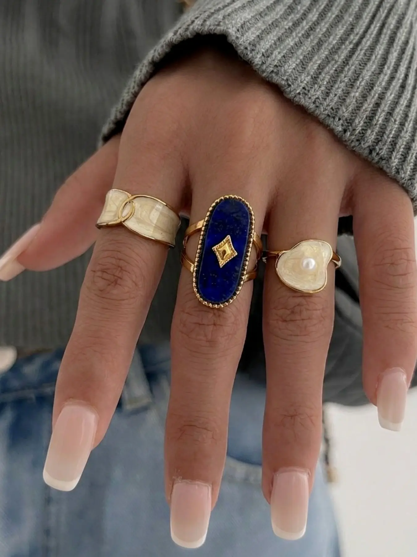 3Pcs Stainless Steel Enamel Ring Set Vintage Cream White & Deep Blue Stone Stackable Rings Irregular Pattern Golden Frame Statement Jewelry For Women