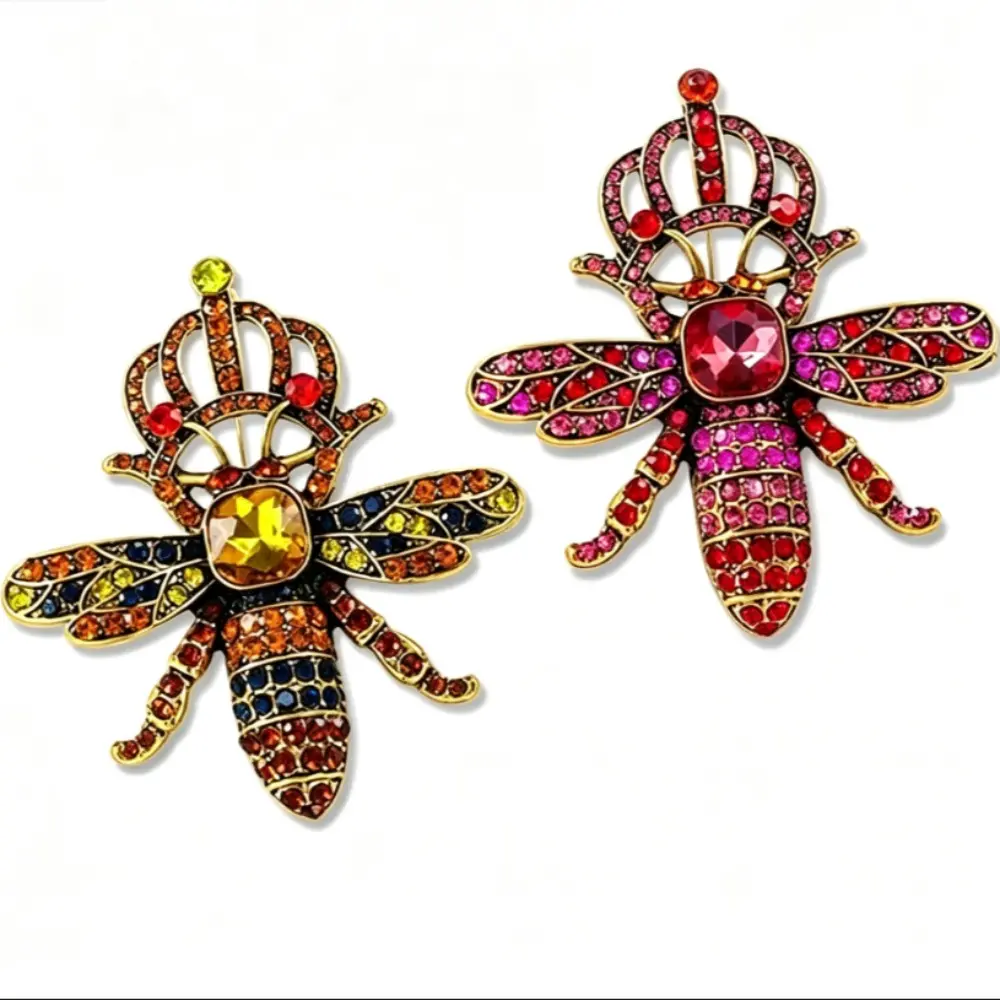 2 Styles Crown Bee Crystal Brooch Set Unisex Antique Gold Queen Insect Lapel Pin Gift