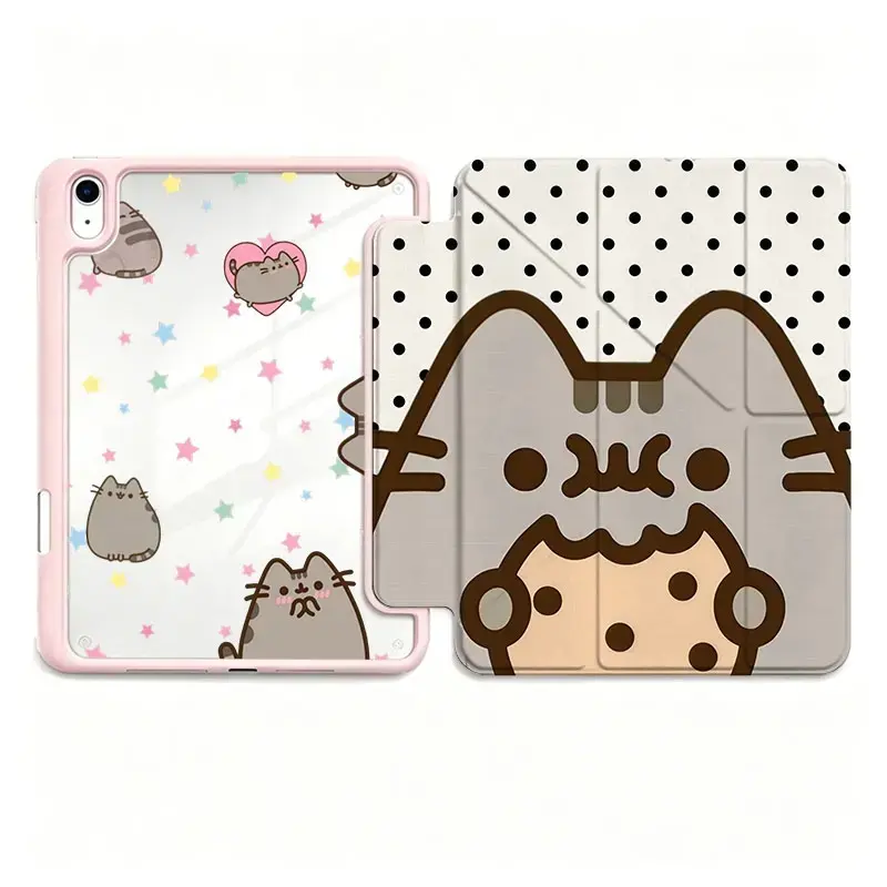 Push.een the Cat Star & Polka-Dots Cartoon Print Tablet Case, Tri-Fold Stand Shockproof Folio Cover, Compatible with iPad Mini/Pro/Air, Cute Gift for Friends