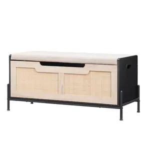 39.4-Inch Rattan Storage Bench with Cushion, Black, Flip-Top Seat, Safety Hinges, Supports 260 lb