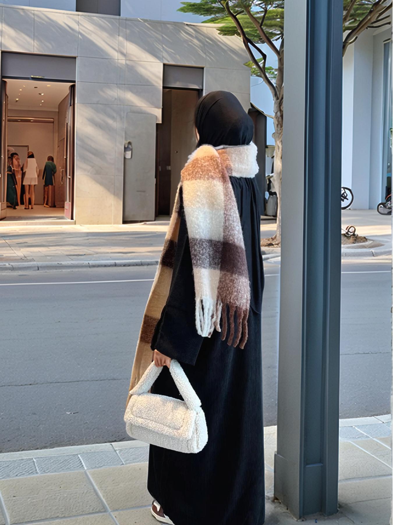 Women's Solid Color Split Sleeve Corduroy Robe, Modest Long Sleeve Round Neck Robe for Fall & Winter, Women's Islamic Clothing for Daily Wear, Modest Muslim Outfits