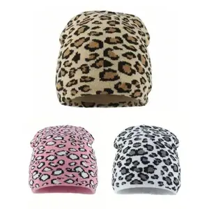 Boho Leopard Knit Beanie, Warm Thick Winter Cheetah Print Unisex Streetwear Hat